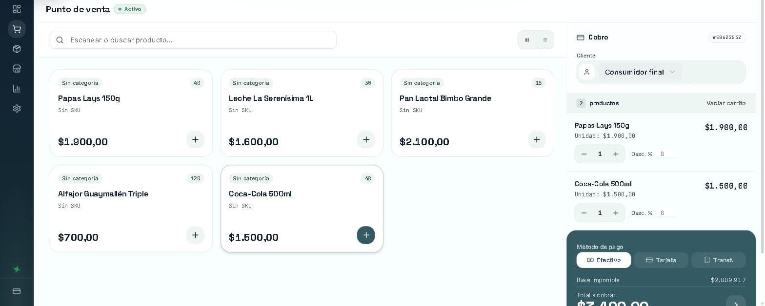 Pantalla del Punto de Venta de Stockcito con el carrito y los medios de pago
